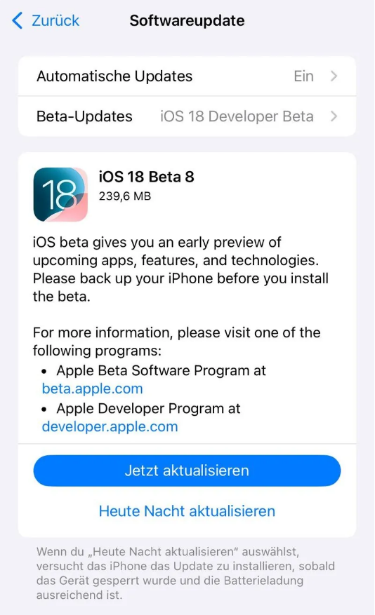 济阳苹果手机维修分享苹果 iOS / iPadOS 18 开发者预览版 Beta 8 发布 